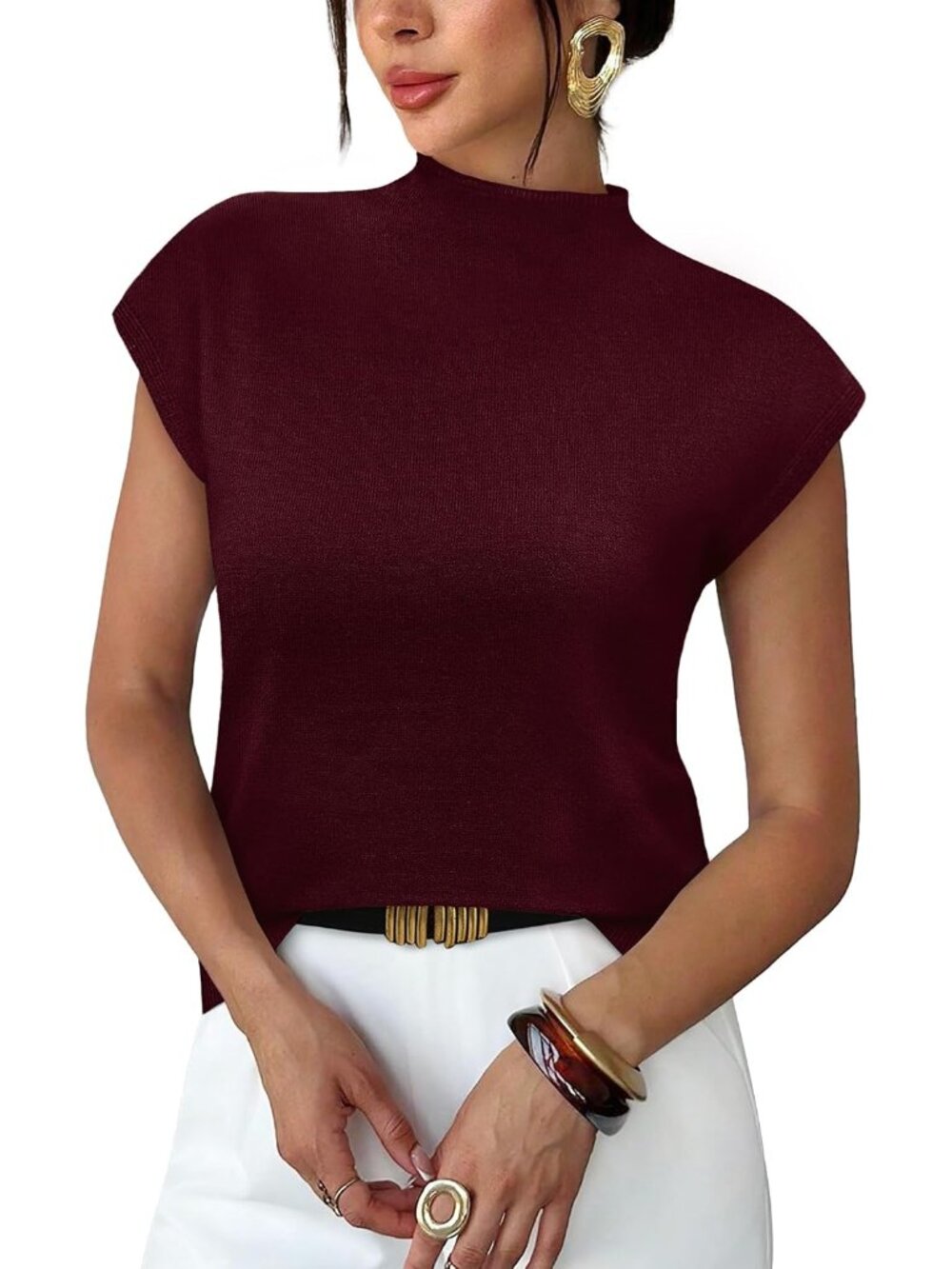 Womens Short Sleeve Sweater Mock Neck Summer Top Dressy Casual Basic Knit Pullov